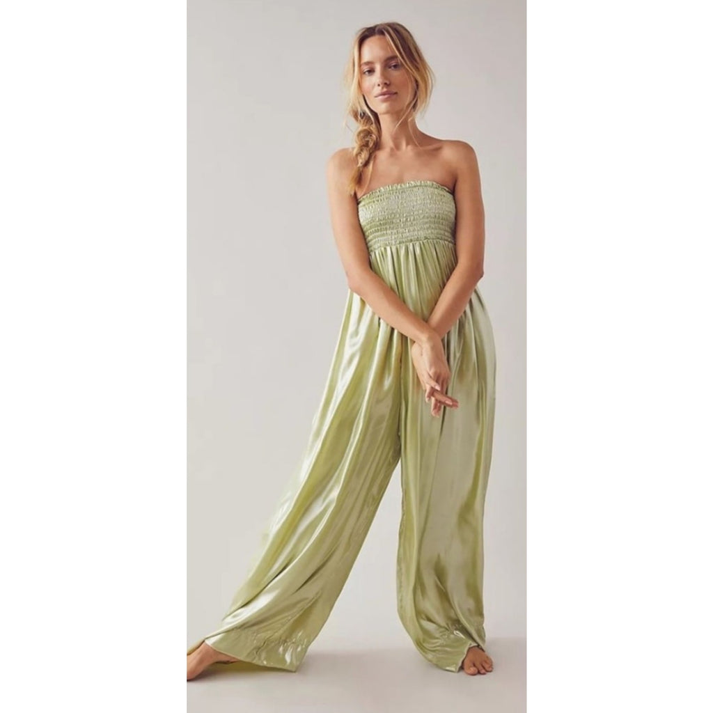 New Free People Julie Metallic Wide-Leg Jumpsuit $200 X-SMALL Green Boho Smocked