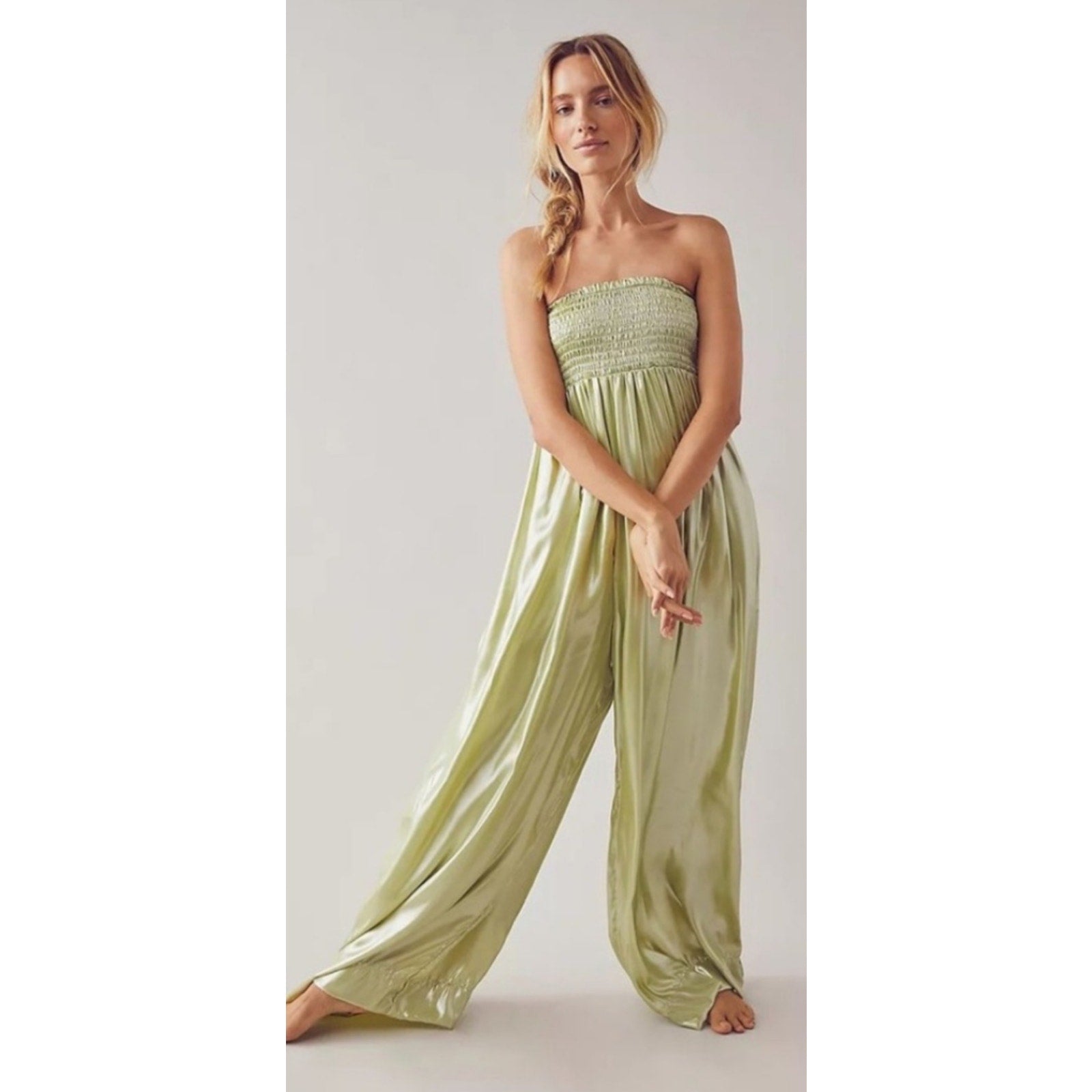New Free People Julie Metallic Wide-Leg Jumpsuit $200 X-SMALL Green Boho Smocked