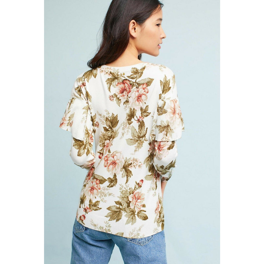 New Anthropologie Floral Ruffled Pullover by Harlyn $118 Size Small Long Sleeve