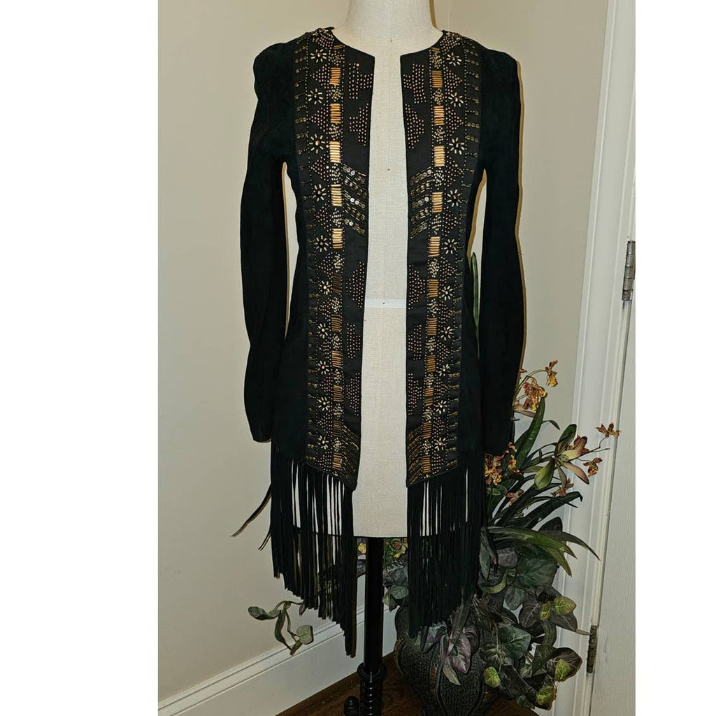 New Free People CLEOBELLA Taylor Jacket $739 Black FRINGED Embellished SUEDE