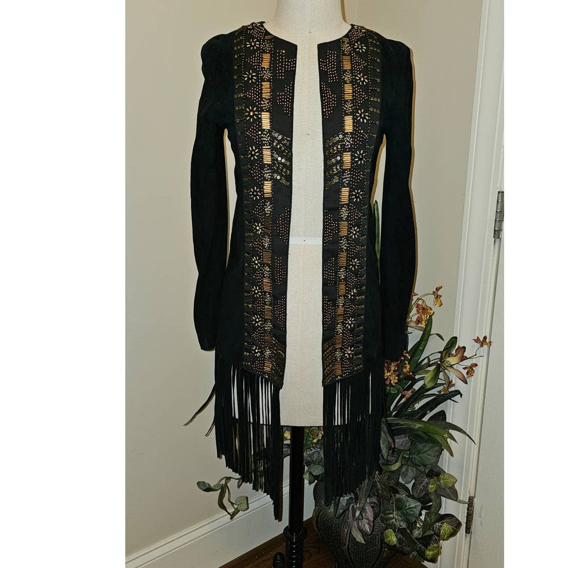 New Free People CLEOBELLA Taylor Jacket $739 Black FRINGED Embellished SUEDE