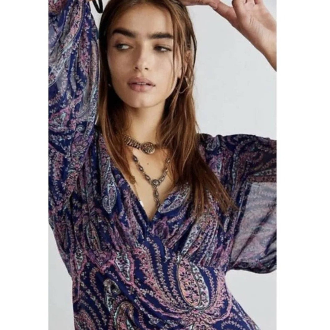 New Free People Mirage Boho Paisley Maxi Dress $198 Size 0 Long Sleeve