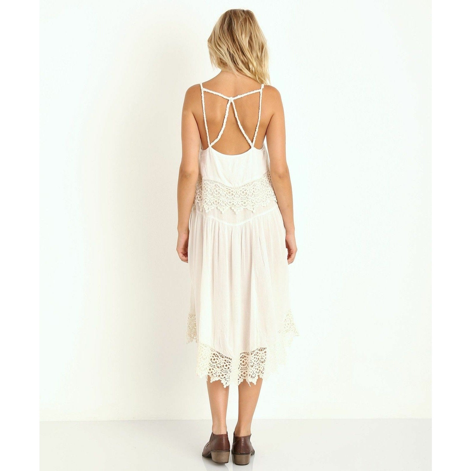 New Free People Intimately Star Crochet Crepe Midi Slip Dress $128 Size XS Ivory