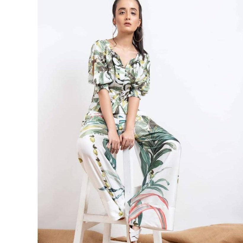 New WHIM NEW YORK Clover Satin Pants $204 SMALL Nimbu Botanical Print