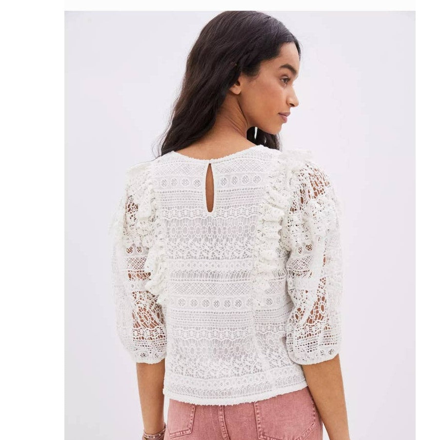 New Anthropologie SEEN WORN KEPT Serena Lace Blouse $148 SMALL Ivory