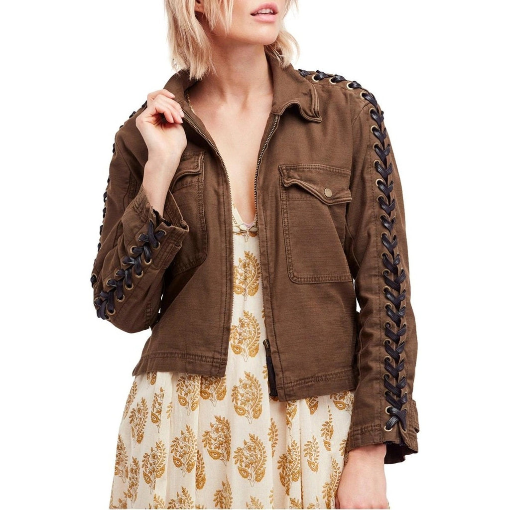 New Free People Faye Military Twill Lace Up Jacket Retail $168 Small Moss Zip