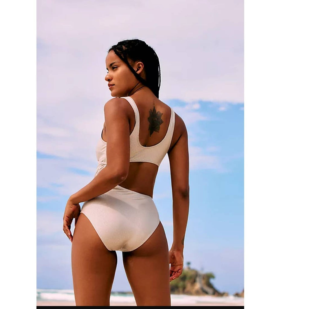 New Free People Solid & Striped The Reese One-Piece Swimsuit $188 SMALL Silver