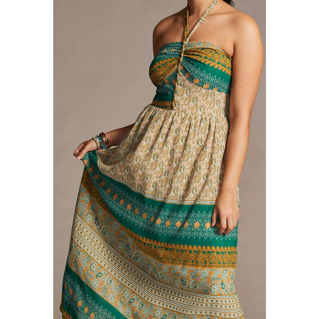 New Anthropologie TINY Twist Halter Maxi Dress $198 MEDIUM Green