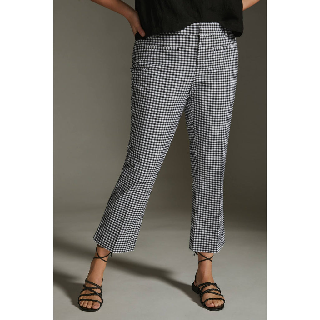 New Anthropologie The Essential Slim Kick Gingham Flare Pants $128 US 4 B&W Crop