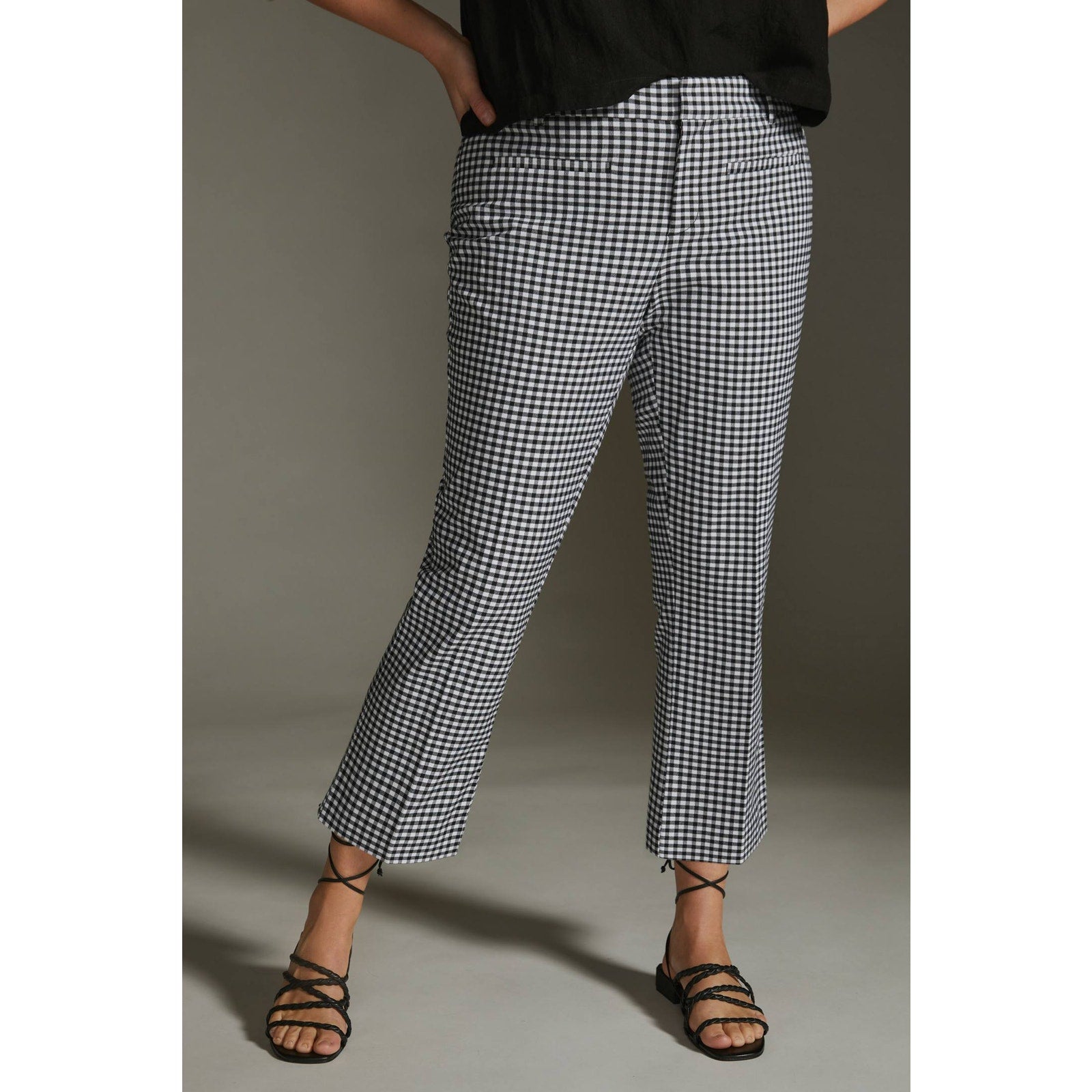 New Anthropologie The Essential Slim Kick Gingham Flare Pants $128 US 4 B&W Crop