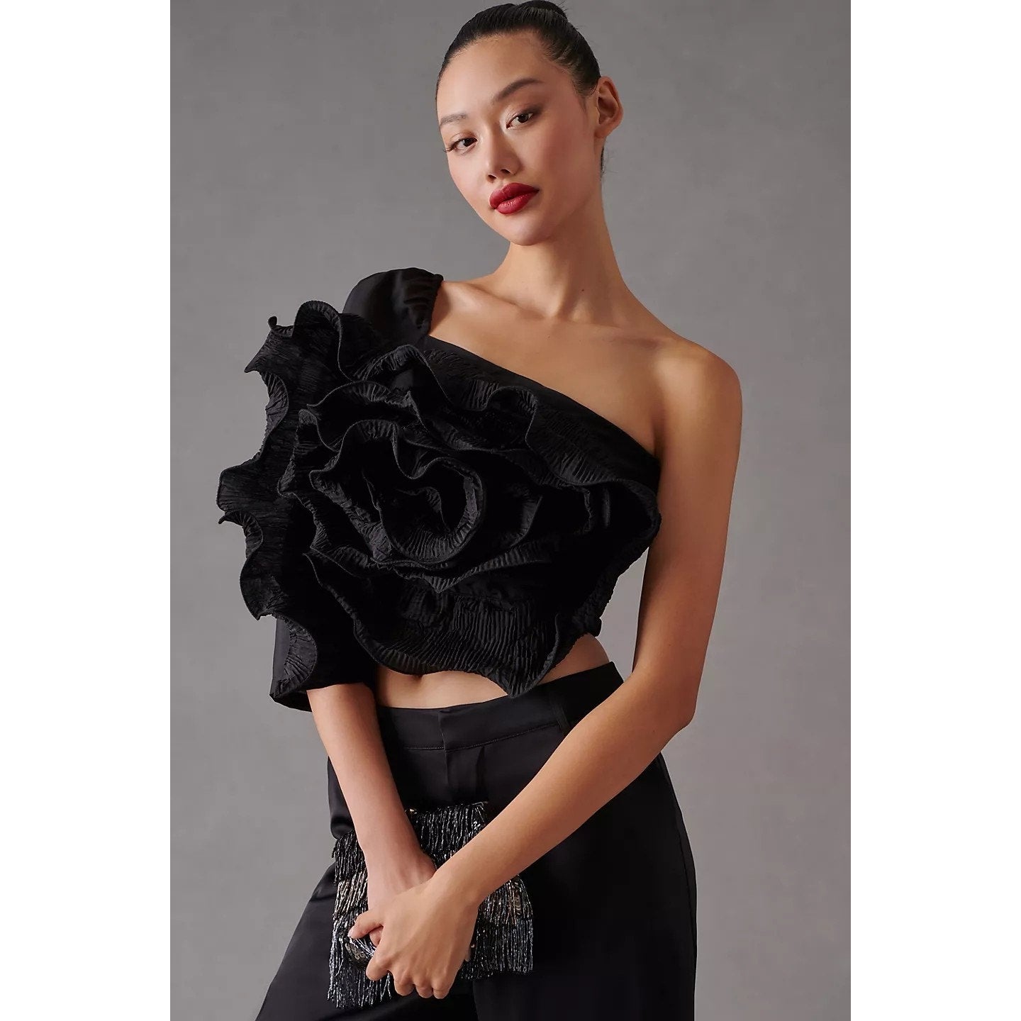 New Anthropologie Let Me Be 3-D Rosette One-Shoulder Top $148 XXSP Black
