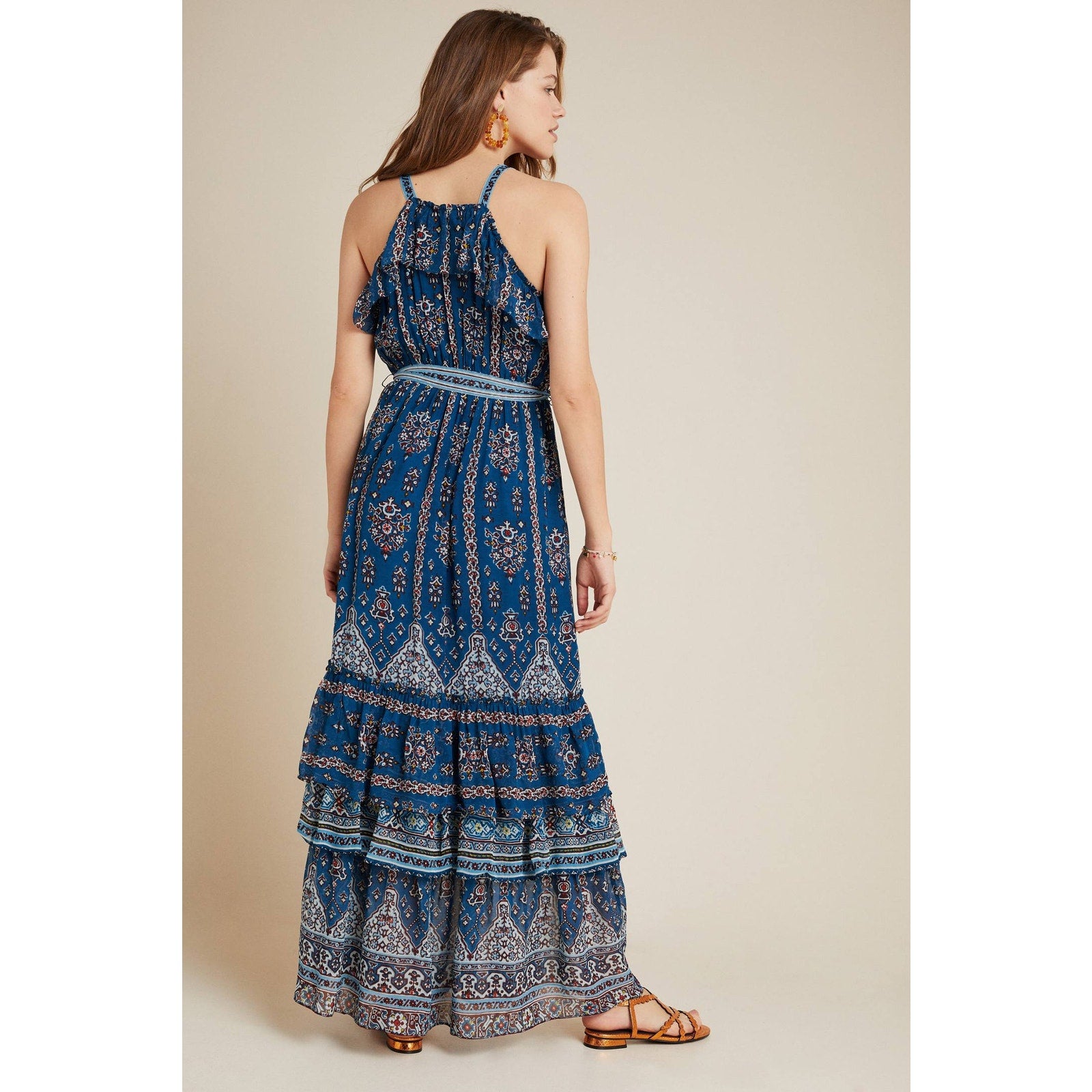 New Anthropologie Sasha Ruffled Tiered Maxi Dress $198 SMALL Blue Boho