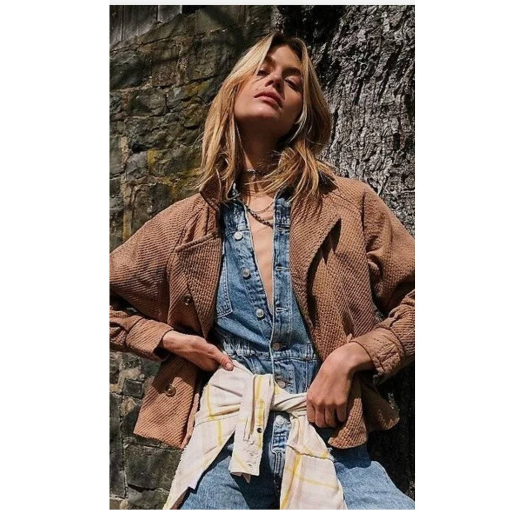 New Free People Remi Shirt Jacket $198 BROWN Large Vintage Inspired Oversized