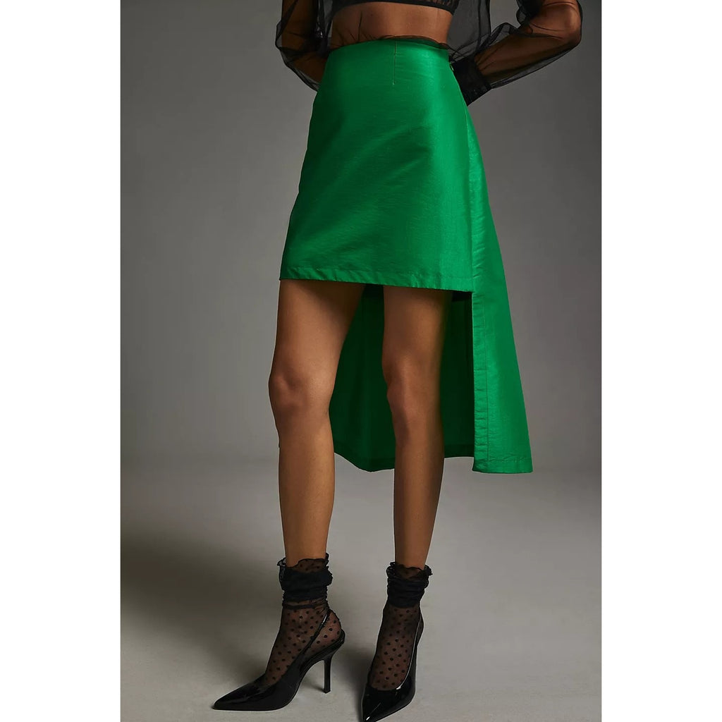 New Anthropologie Maeve Asymmetrical Sateen Mini Skirt $148 SIZE 2 Green