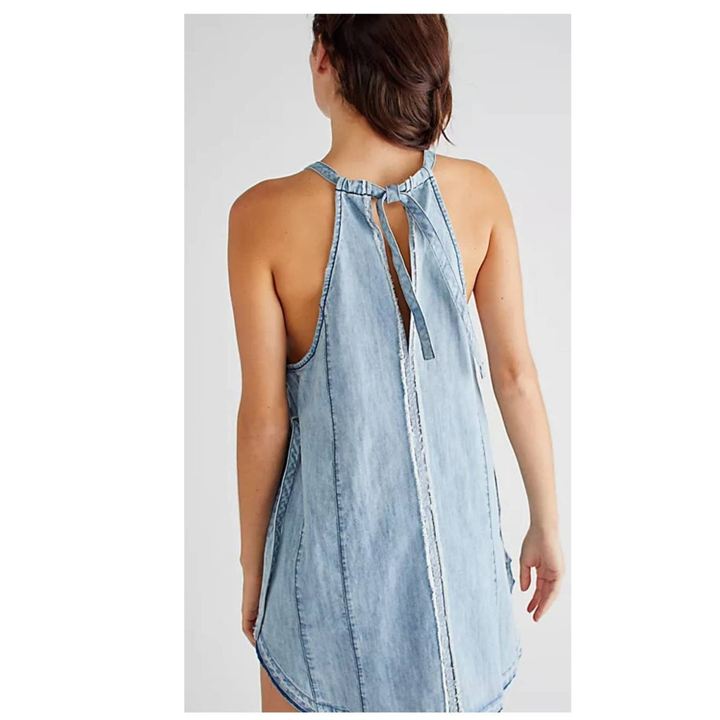 New Free People Isabella Denim Tunic $128  SMALL Blue Halter Style Mini Dress