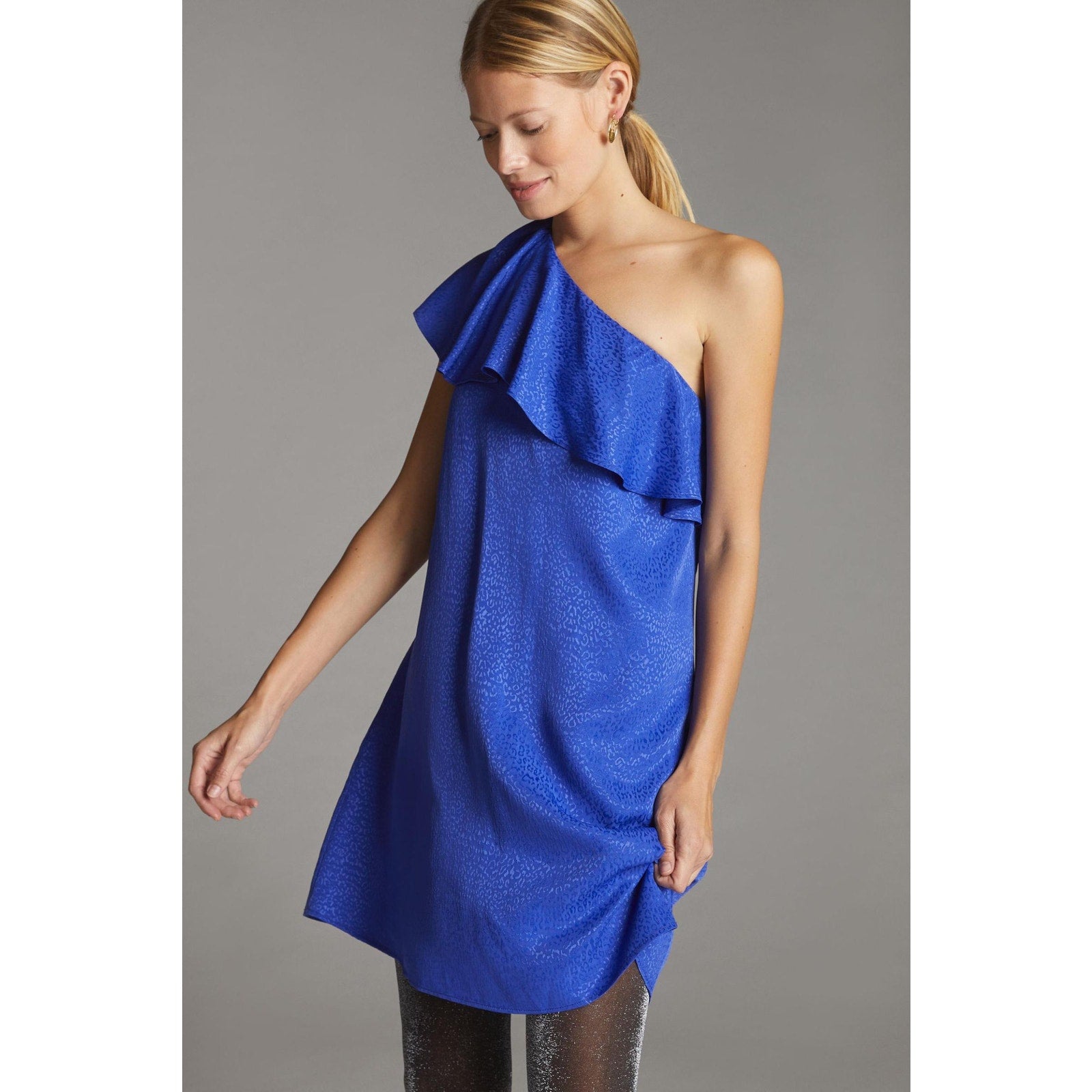 New Anthropologie Ruffled One-Shoulder Mini Dress $140 SIZE 6 BLUE