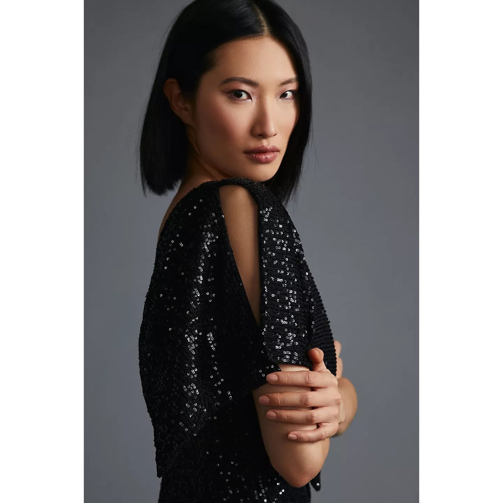 Anthropologie Let Me Be One-Shoulder Mini Dress SEQUINED $180 X-SMALL Black