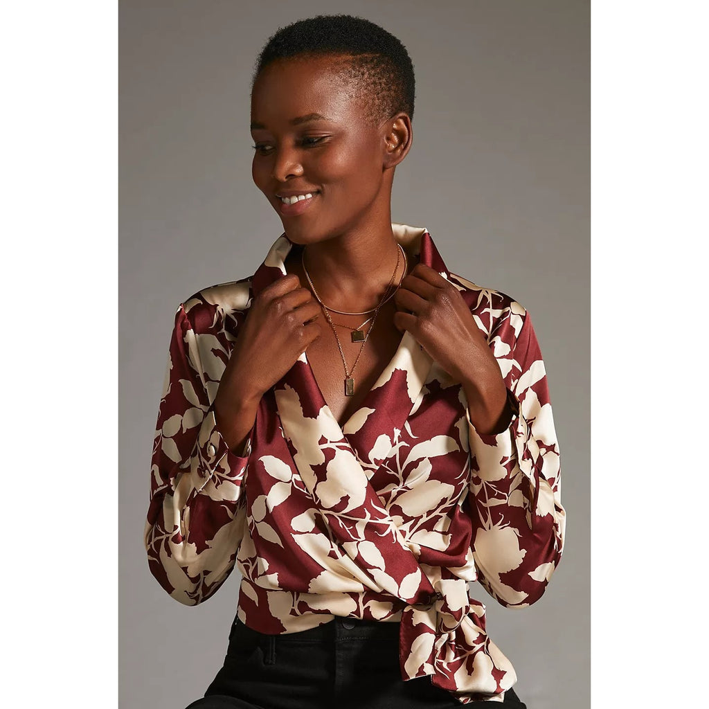 New Anthropologie Nyla Wrap Long Sleeve Blouse by Hutch $148 SMALL Wine