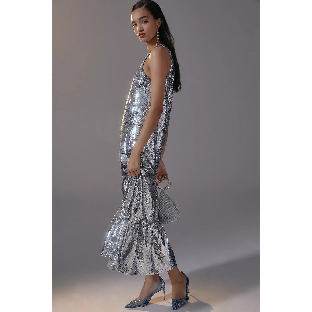 New Anthropologie Maeve One-Shoulder Sequin Midi Dress $230 SMALL Silver
