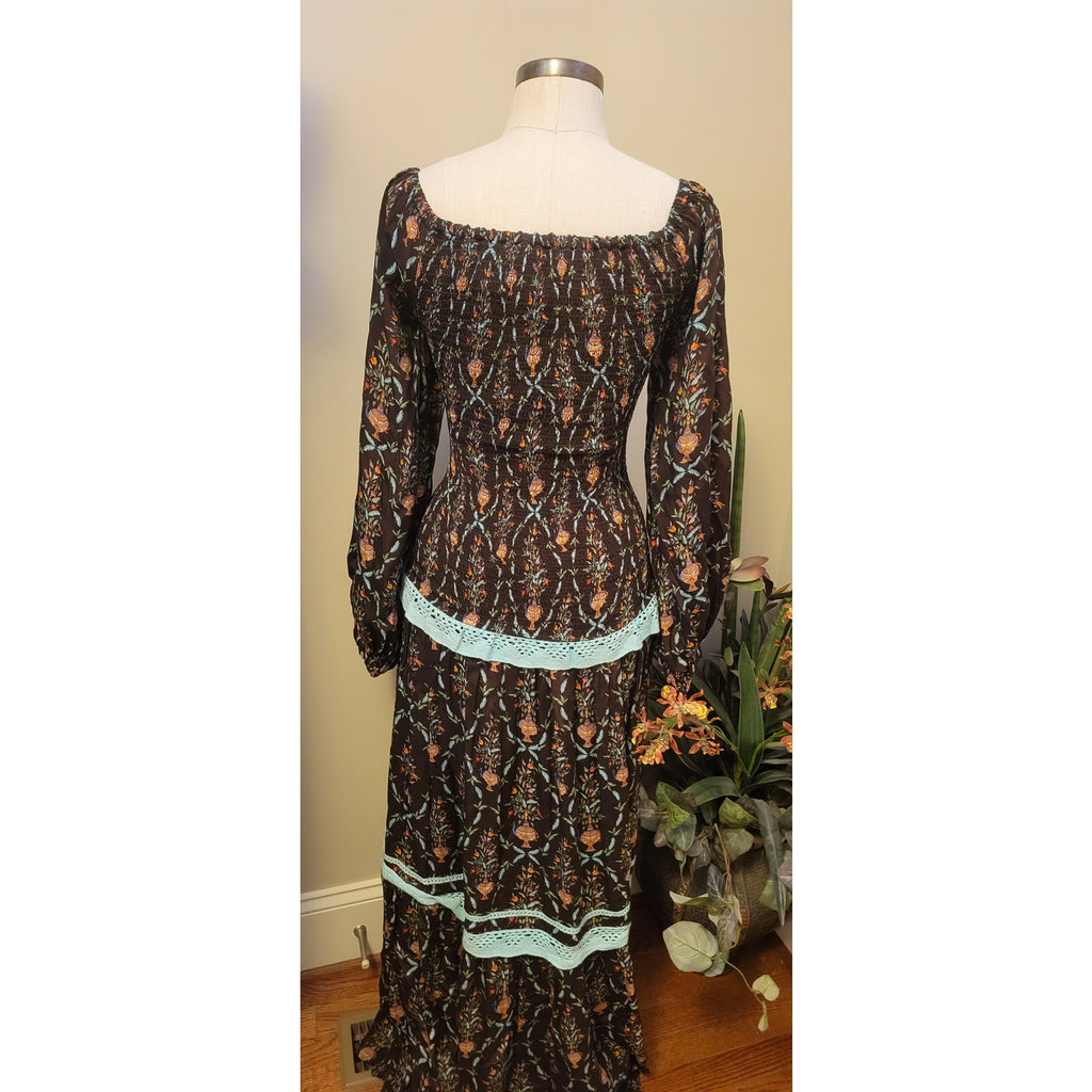 New Verandah Smocked Tiered Maxi Dress SQUARE-NECK  $595 SMALL (4) Brown Motif