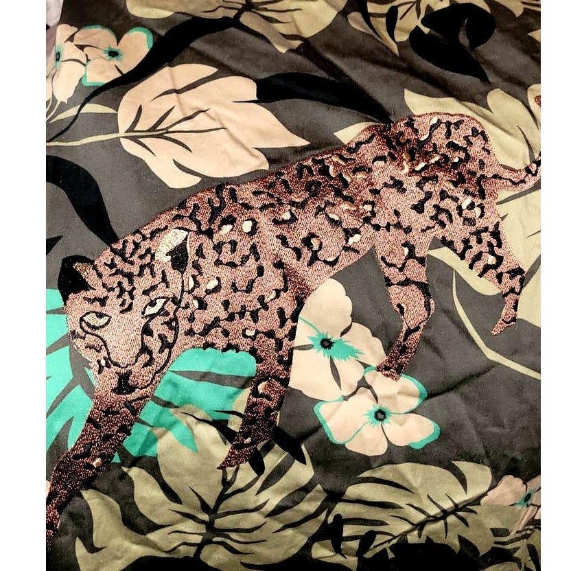 New Eva Franco Embroidered Leopard Tropical Print Midi Skirt Sz 8