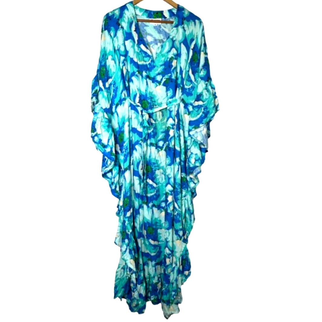 New Anthropologie Bel Kazan Floral Kaftan $150 ONESIZE Blue/Green Resort Wear