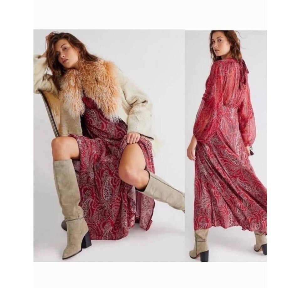 Free People Mirage Paisley Maxi Dress Sz 2 Red Boho Empire Waist