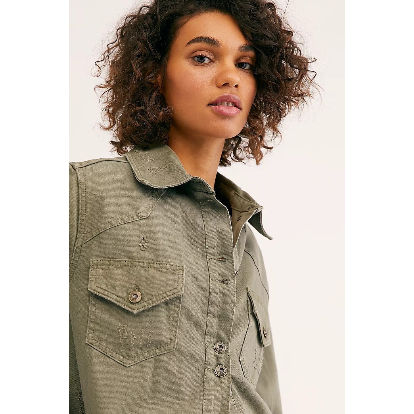 New Free People Moonchild Denim Buttondown Shirt Jacket $128 SMALL Olive