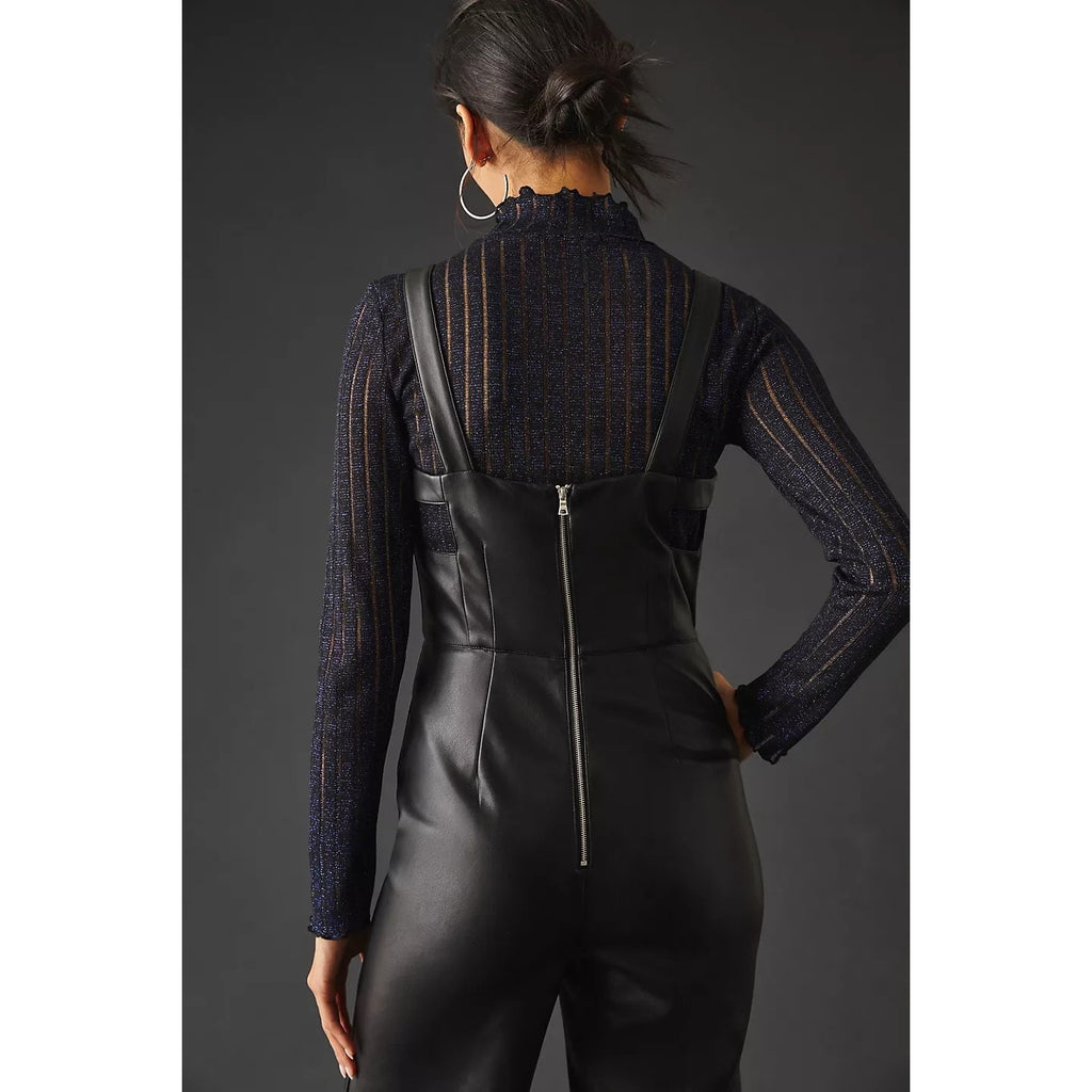 New Anthropologie Avec Les Filles Faux Leather Jumpsuit $198 SMALL 4/6 Black