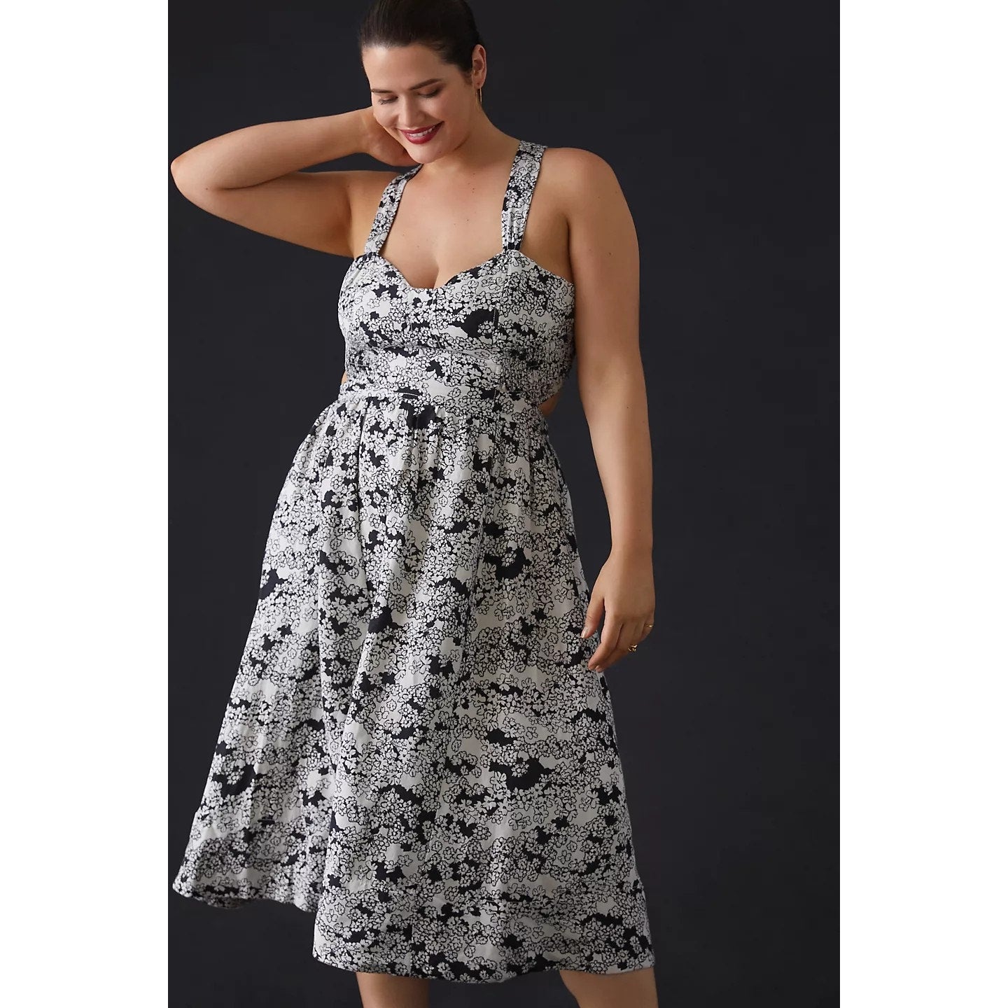 New By Anthropologie Floral Printed Midi Dress LINEN $170 X-SMALL Black