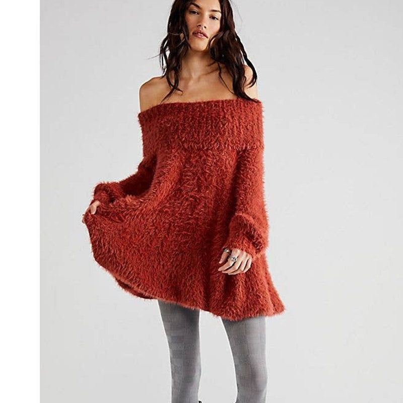 New Free People Mallow Mini Fuzzy Sweater Mini Dress $148 SMALL Rustic Red
