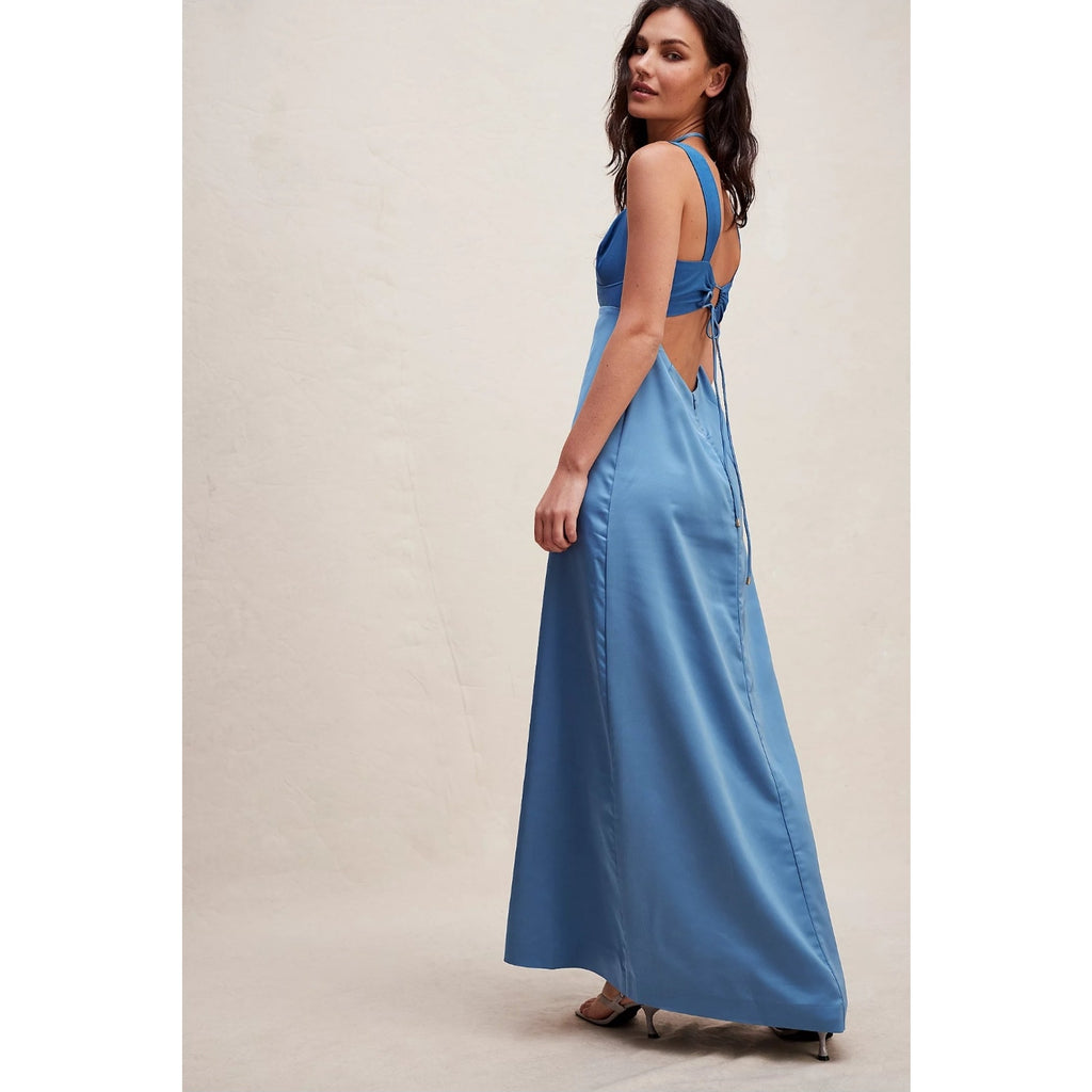 New Free People Gia Silky Maxi Dress $250 SIZE 8 Blue Bustier Slip Gown