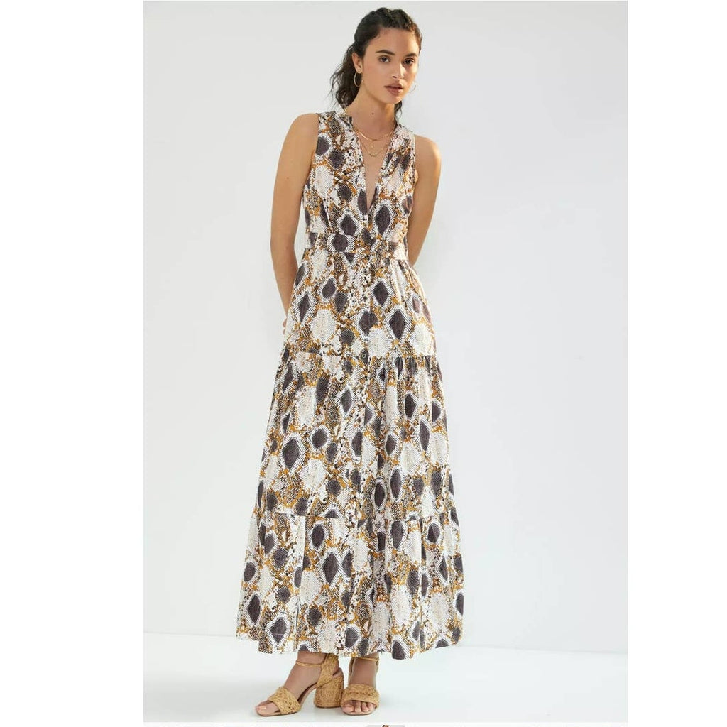 New Anthropologie Maeve Snake Print Maxi Dress $170 SIZE 0 Button Front Cotton