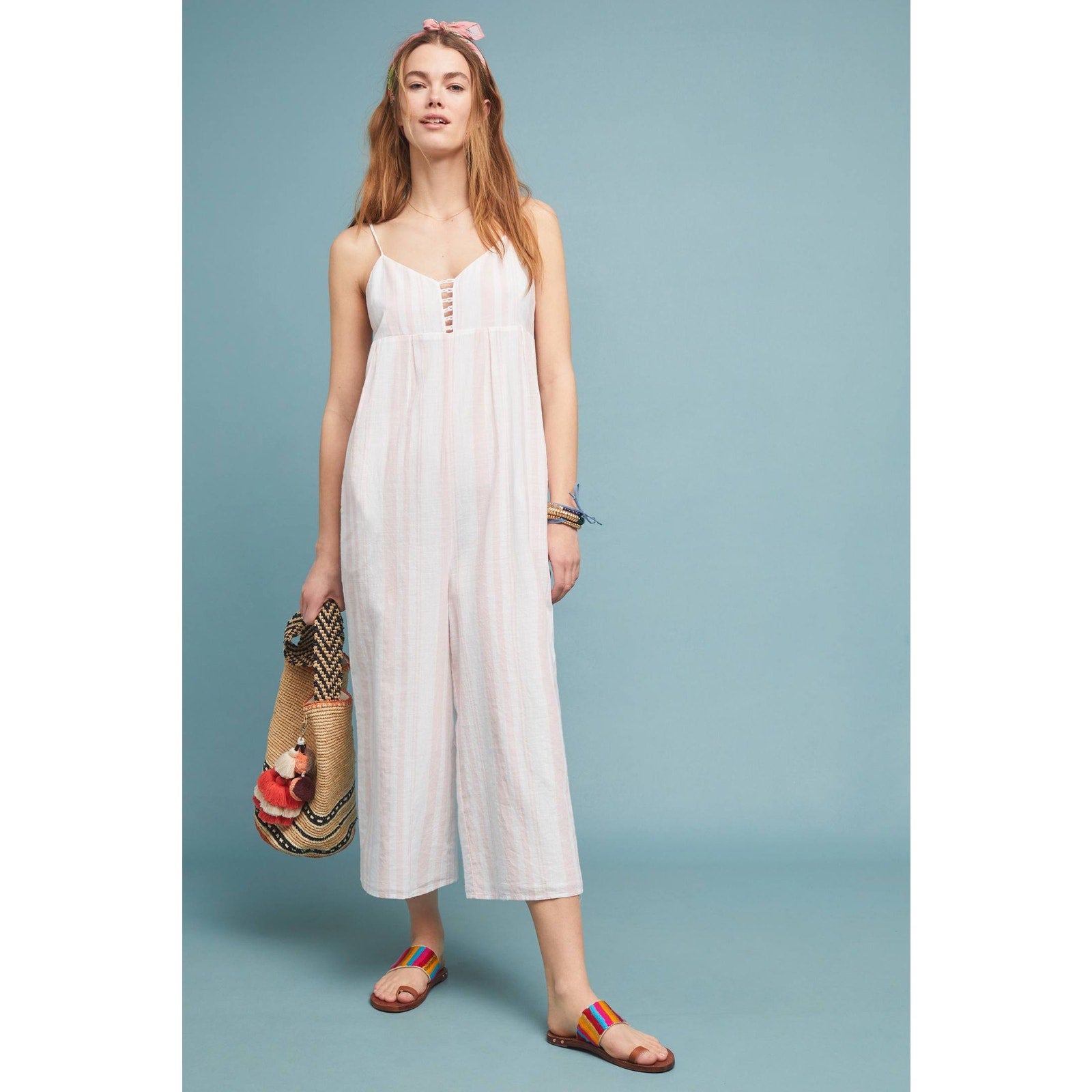 New Anthropologie Peachy Keen Jumpsuit SMALL $160 Pink V-neck Cotton Cropped