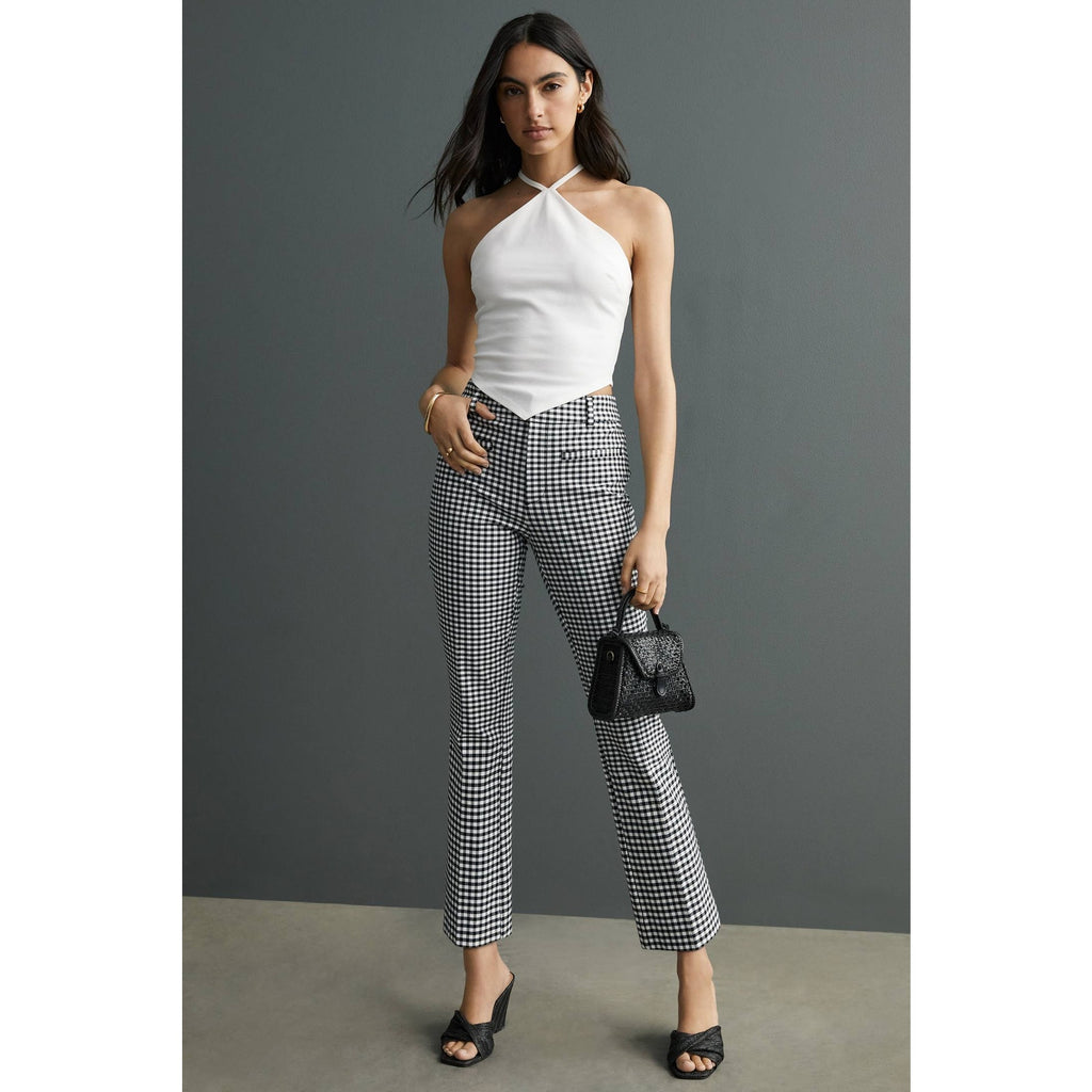 New Anthropologie The Essential Slim Kick Gingham Flare Pants $128 US 4 B&W Crop