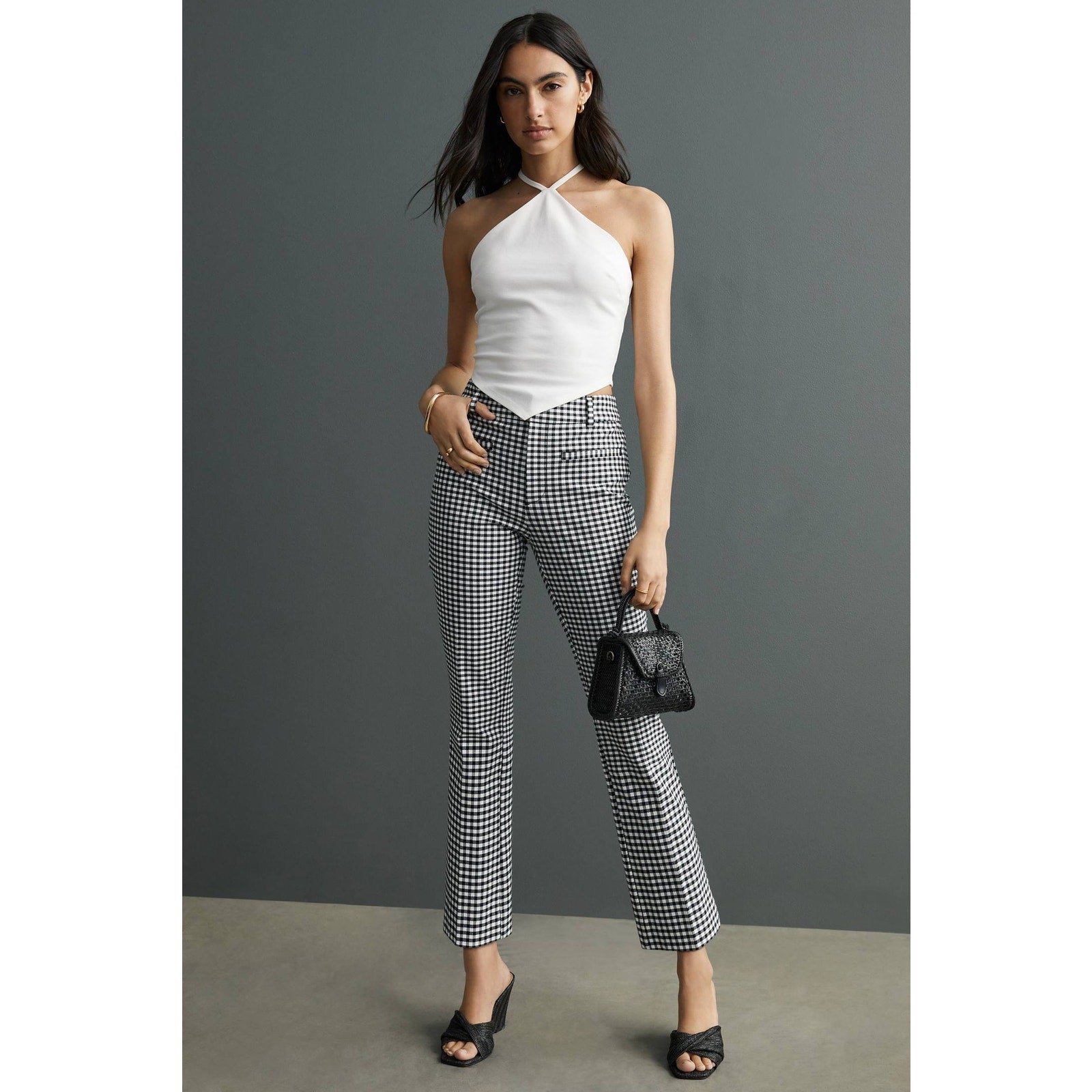 New Anthropologie The Essential Slim Kick Gingham Flare Pants $128 US 4 B&W Crop