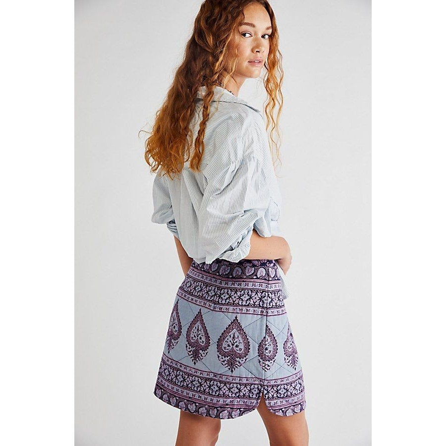New Free People Maddy Quilted Mini Skirt by ANTIK BATIK $184 SMALL Blue