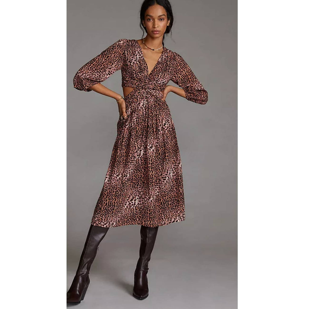New Anthropologie Ranna Gill Leopard Cut-Out Midi Dress $190 MEDIUM Black Motif