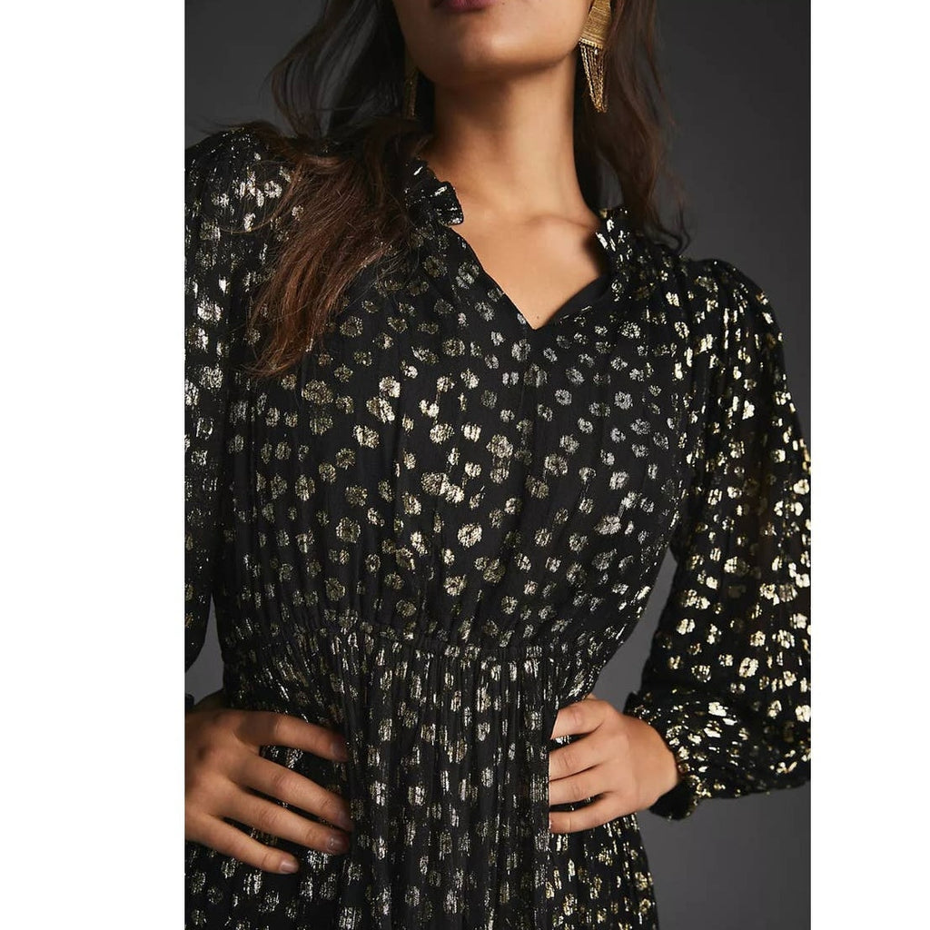 New Anthropologie Mille V-Neck Lurex Midi Dress $498 XXS Black & Metallic Gold