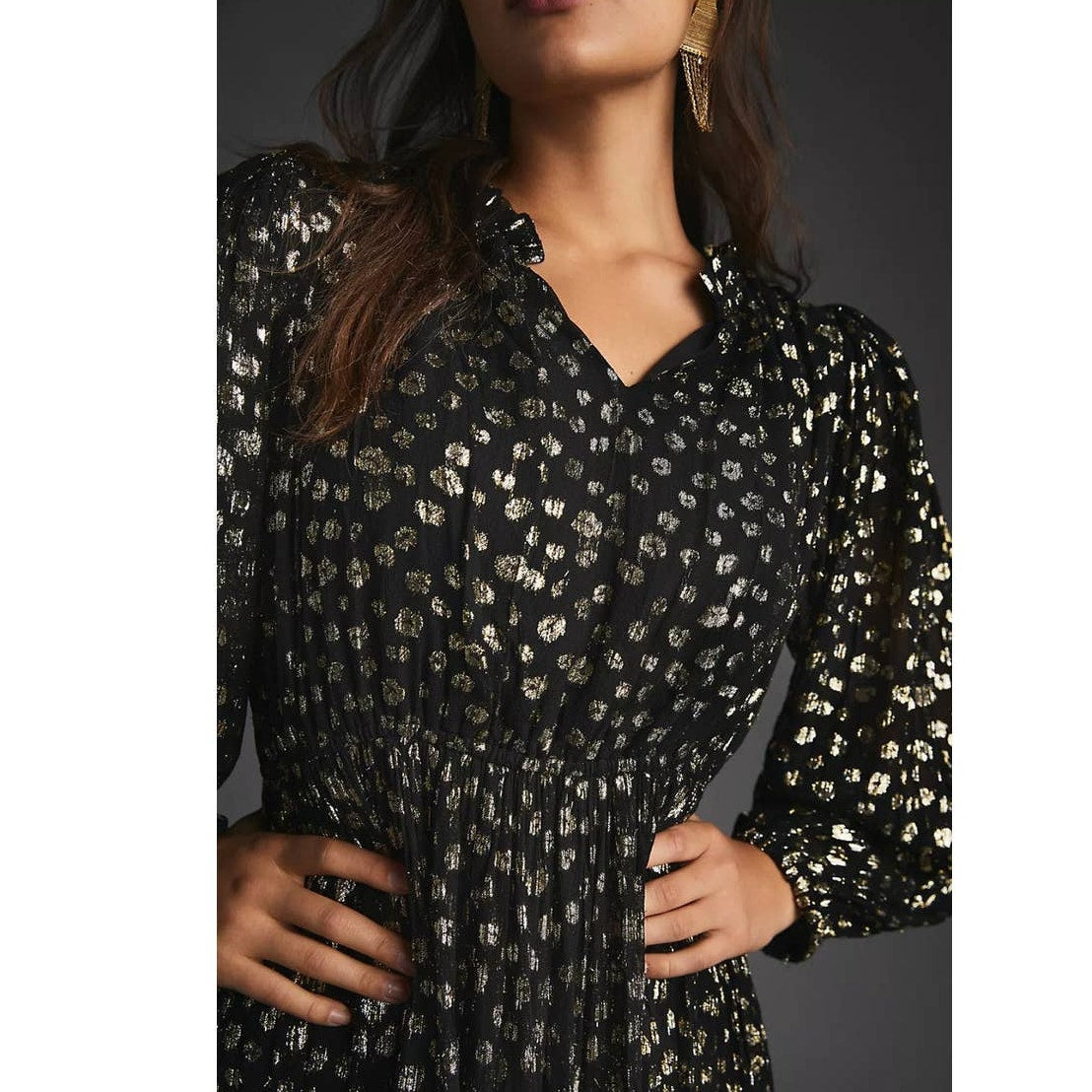 New Anthropologie Mille V-Neck Lurex Midi Dress $498 XXS Black & Metallic Gold