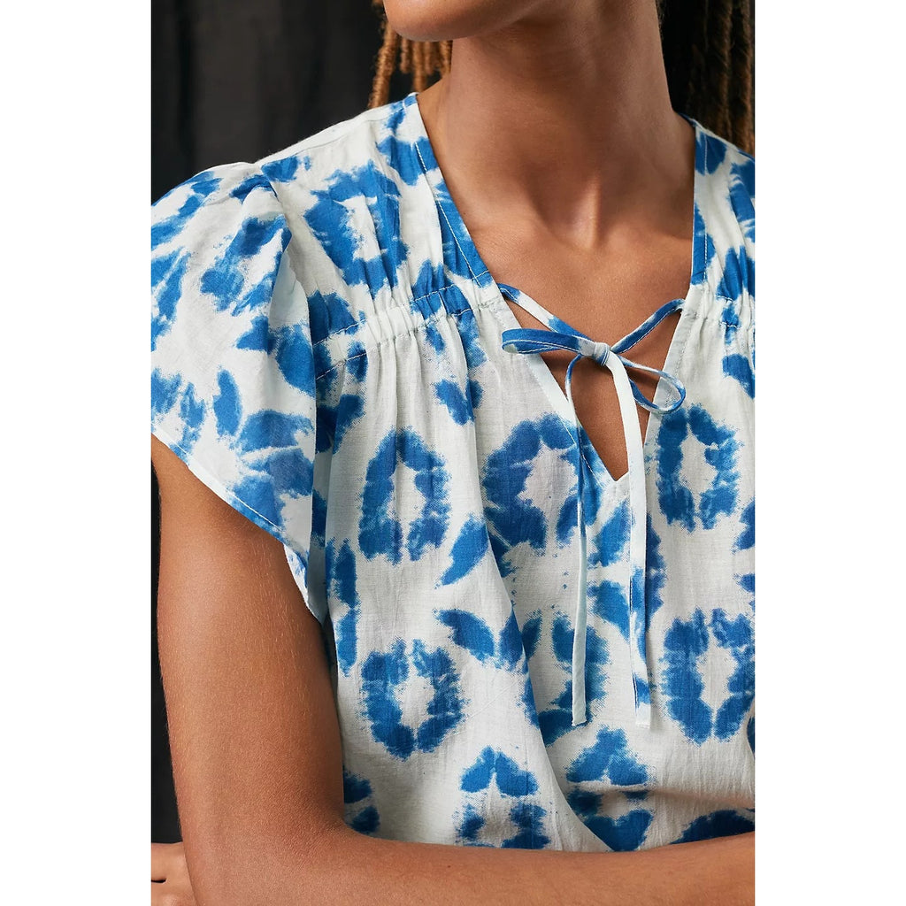 New Anthropologie Othilia Tie-Neck Blouse $148 SMALL Blue Tonal Motif