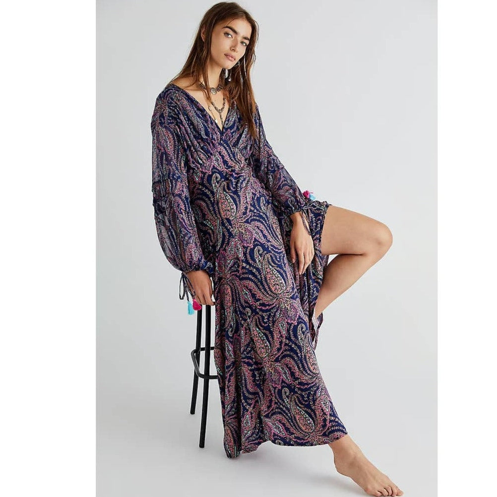 New Free People Mirage Boho Paisley Maxi Dress $198 Size 0 Long Sleeve