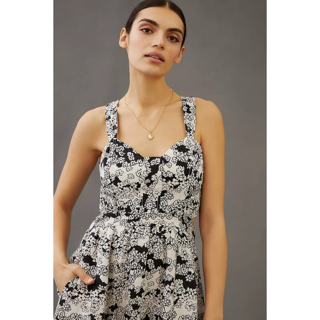 New By Anthropologie Floral Printed Midi Dress LINEN $170 X-SMALL Black