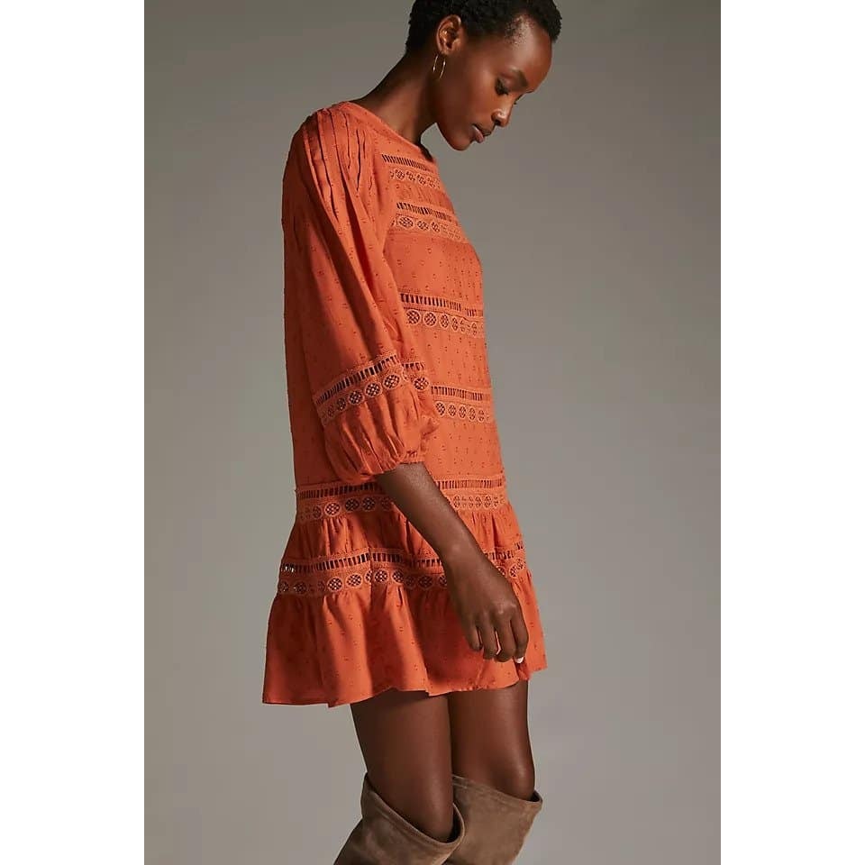 New ANTHROPOLOGIE Tiered Puff Long Sleeve Mini Dress $160 MEDIUM Terracotta
