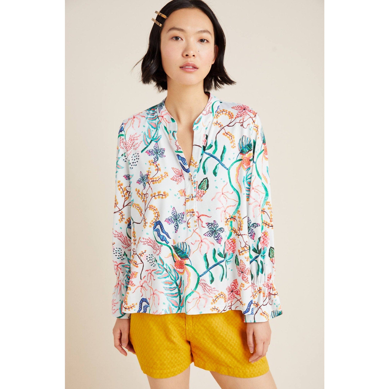 New Anthropologie Cadiz Top by Aldomartins $148 SMALL Floral Long-Sleeve Blouse