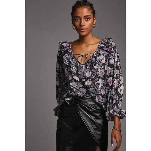 Floral long-sleeve top with keyhole neckline, black base and pink/purple blossoms