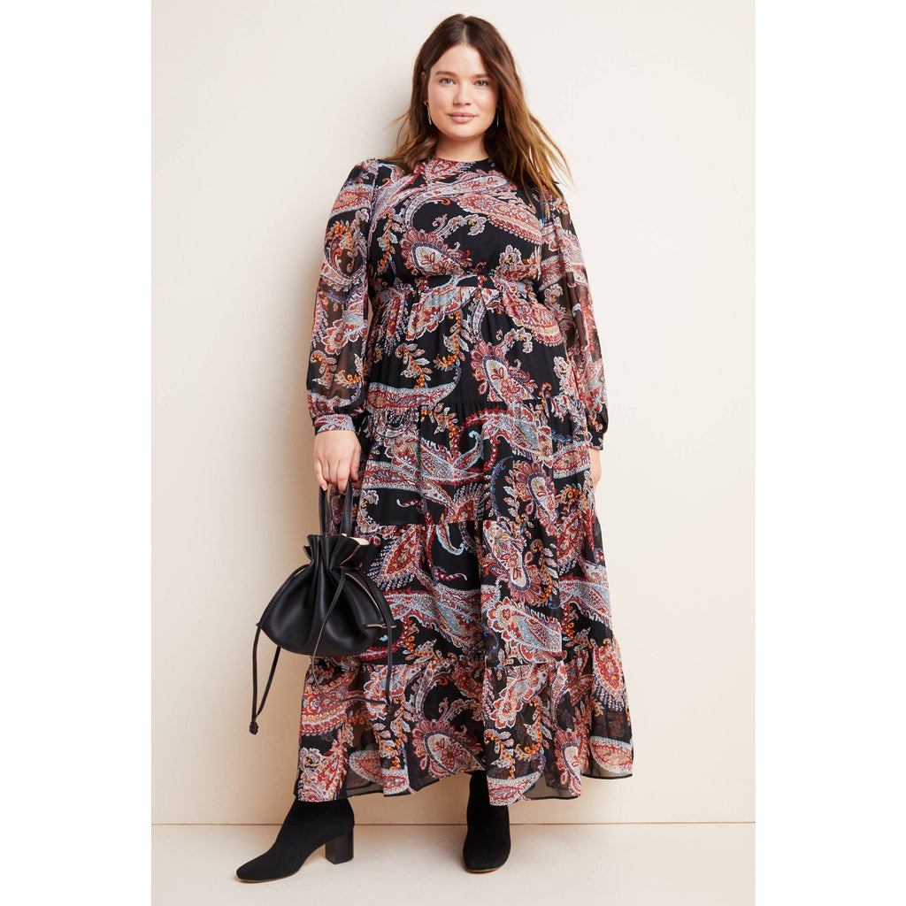 Anthropologie Paisley Long Sleeve Maxi Dress PLUS 16W Black Motif Anthropologie