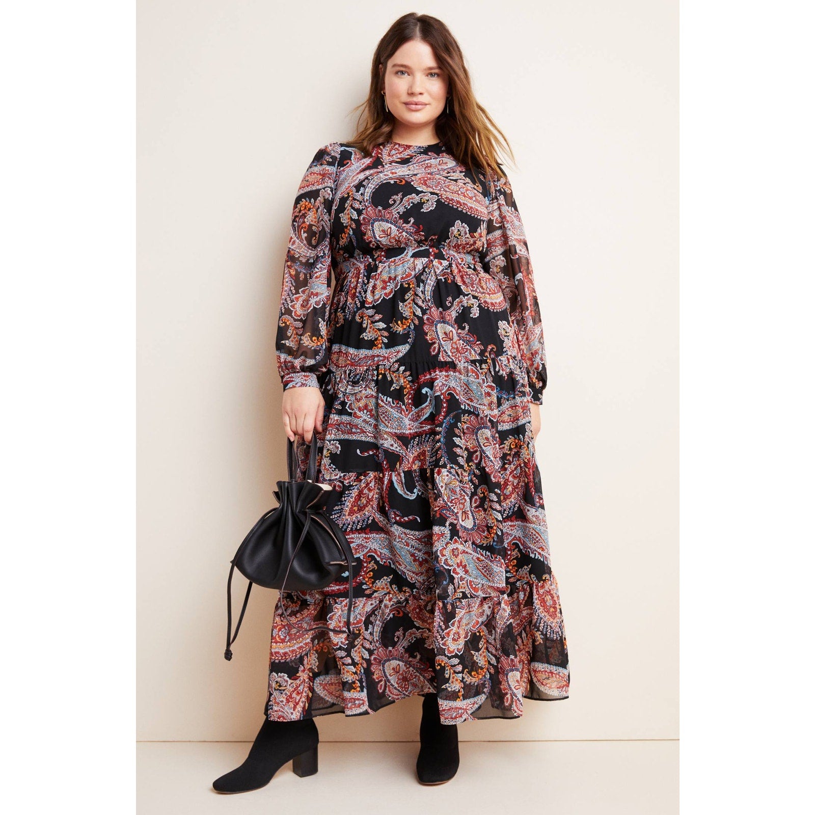 Anthropologie Paisley Long Sleeve Maxi Dress PLUS 16W Black Motif Anthropologie