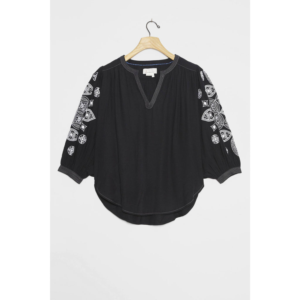 New Anthropologie Remy Embroidered Blouse $148 SMALL Navy Blue Geo Retro Boho