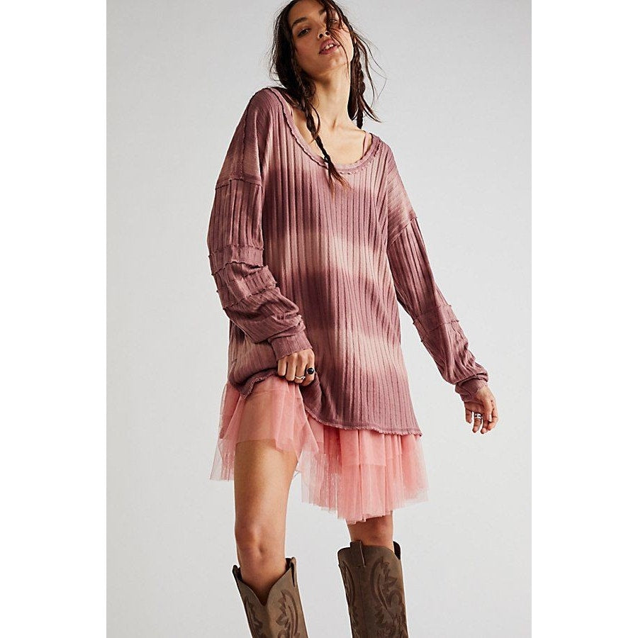 New Free People WTF Sunset Ribbed Tie Dye Long Sleeve Top $128 X-SMALL Chocolate